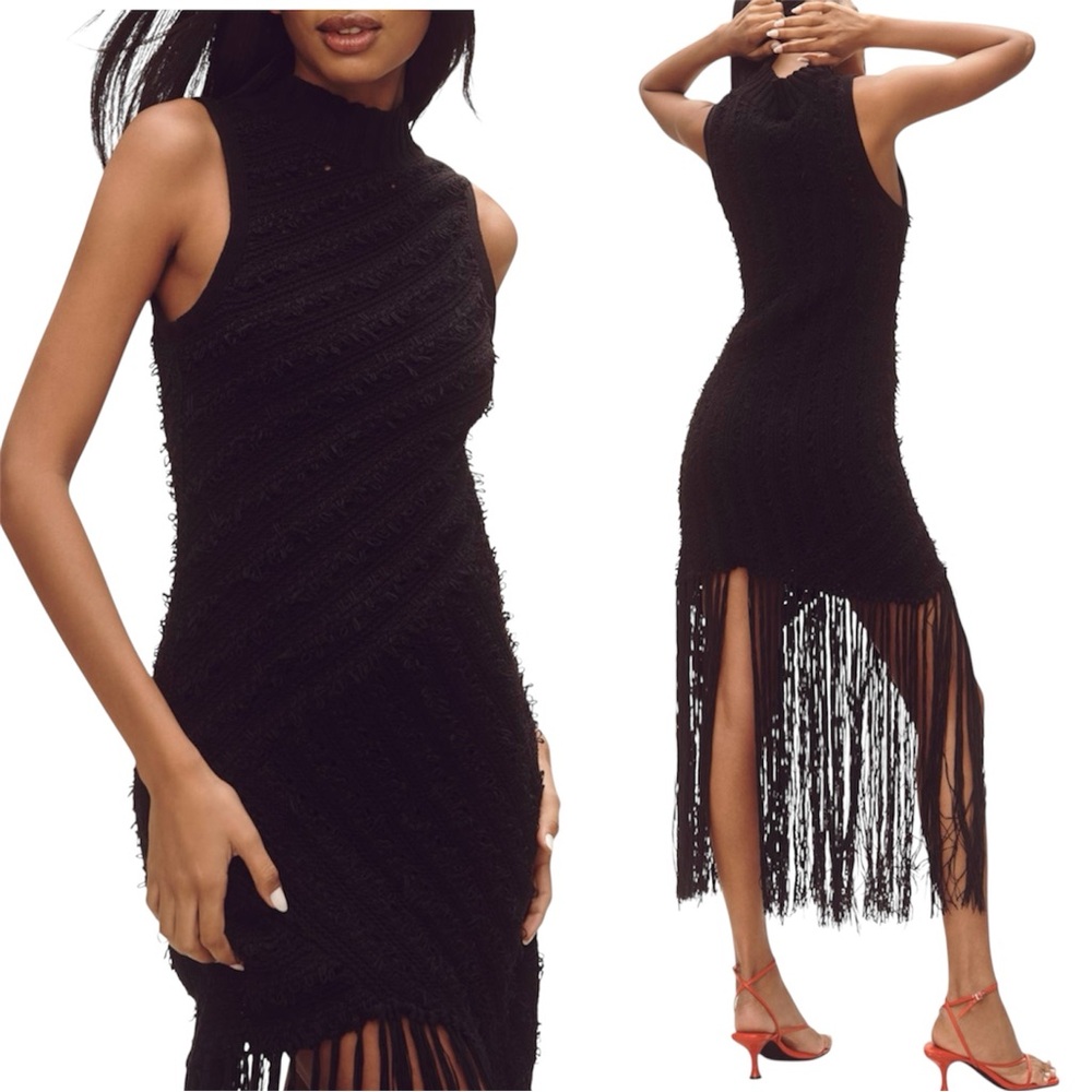 Anthropologie Sleeveless Mock-neck Fringe Sweater Dress sz XS